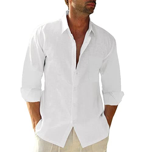 Best Breathable Linen Shirts for Summer #7 from JEKAOYI JEKAOYI Button Down Linen Shirts for Men Casual Long Sleeve Regular Fit Cotton Beach Shirts with Pocket White