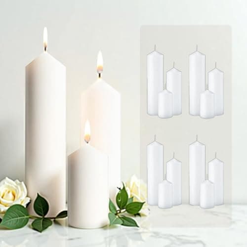 Best White Candles #4 from Mavelune Mavelune Set of 12 White Pillar Candles - 2x3, 6, 8 Inch Unscented Dripless Smokeless Candles, Long Lasting Bulk Candles for Wedding, Party Centerpiece Decor