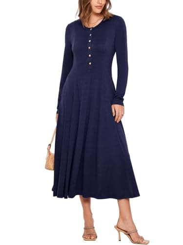 Best Blue Dresses for Women #9 from Glamaker Glamaker Womens Long Sleeve Dress - 2025 Trendy Fashion Crew Neck Button Down Fit & Flare Fall Midi Dresses with Pockets (Navy Blue L)