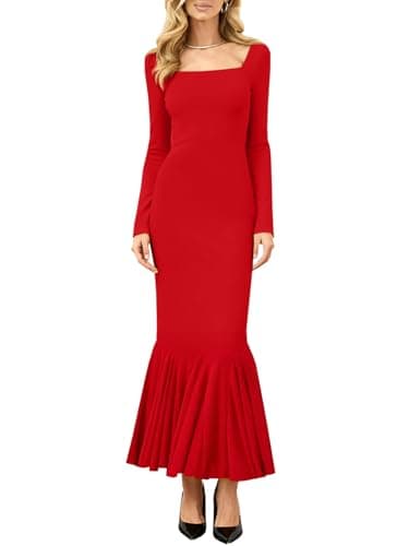 Best Red Dresses for Women #3 from Misng Misng Women's Basic Sexy Long Sleeve Bodycon Maxi Dress Square Neck Casual Ribbed Party Long Dresses, Small, Red