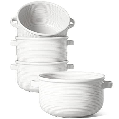 Best Soup Bowls #1 from LE TAUCI LE TAUCI Soup Bowls with Handles - 28 oz Lead-Free Ceramic French Onion Crocks, Oven and Microwave Safe, Heat-Resistant Design, Stackable, Dishwasher Safe, Set of 4, White