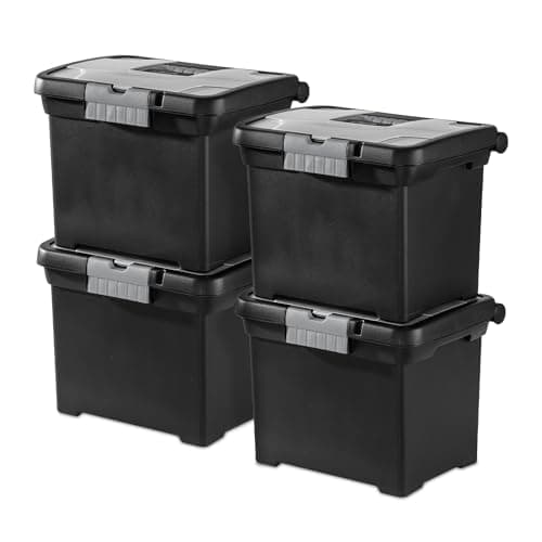 Best Plastic File Boxes #3 from Sterilite Sterilite Portable File Box, Stackable Storage Bin with Latching Lid and Handle, Plastic Container to Organize Papers in Home, Office, Black, 4-Pack