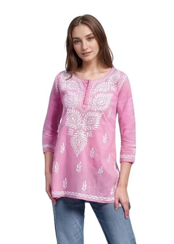 Best Chikankari Kurtis for Women #5 from Sitaram Designer Women's Rayon Chikankari Embroidered Tunic Top, Floral Design, 3/4 Sleeve, Casual (US, Alpha, Medium, Regular, Regular, Pink)