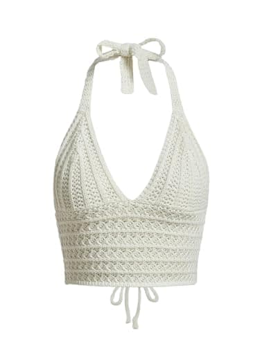 Best Knitted Crop Tops for Summer #3 from LOFAAC LOFAAC Women Sexy Hollow Out Crochet Crop Halter Tops Y2K Knitted V Neck Sleeveless Backless Lace Up Crop Cami Tank White