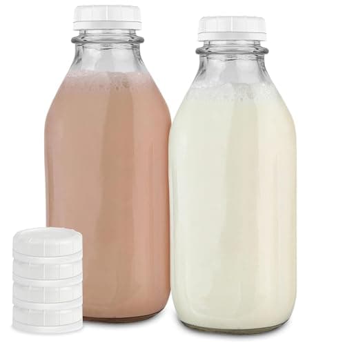 Best Glass Milk Bottles #6 from Stock Your Home Stock Your Home Liter Glass Milk Bottles (2 Pack) - 32-Oz Milk Jars with Lids - Food Grade Glass Bottles - Dishwasher Safe - Bottles for Milk, Buttermilk, Honey, Maple Syrup, Jam, BBQ Sauce