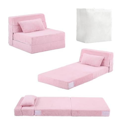 Best Kids Foldable Sofa Beds #7 from Tiita Tiita Folding Sofa Bed for Kids, Quad-Fold Mattress with Pillow, Soft Plush Couch, Portable Storage Bag, Convertible Lounger, for Playroom, Living Room, Guest Room, Pink