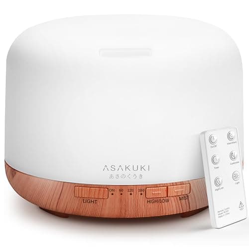 Best Diffusers for Essential Oils #8 from ASAKUKI ASAKUKI Essential Oil Diffuser 500ml, Ultrasonic Aromatherapy Humidifier with Remote Control, 7 LED Colors, Timer & Auto-Off, Large Room Diffuser