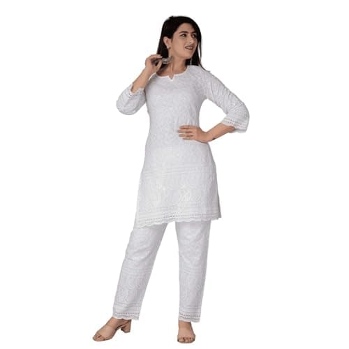 Best Chikankari Kurtis for Women #7 from JG JAI GOVINDAM Chikankari Cotton Indian Kurtis for Women Summer Dresses Tunic Top Pant Set Pakistani Salwar Kameez Suit Set White-(XX-Large)
