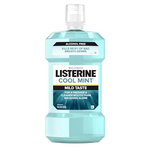 Best Mouthwashes #1 from Listerine Listerine Cool Mint Alcohol Free Mouthwash, Oral Rinse Kills 99.9% of Germs That Cause Bad Breath, for Fresh Breath & Less Intense Taste, No Alcohol Burn Cool Mint Flavor, 1 L