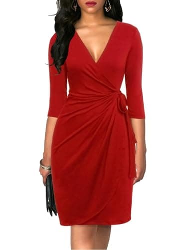 Best Red Dresses for Women #10 from Berydress Berydress Women's Classic 3/4 Sleeve V Neck Sheath Casual Party Work Faux Wrap Dress (L, 6083-Red)
