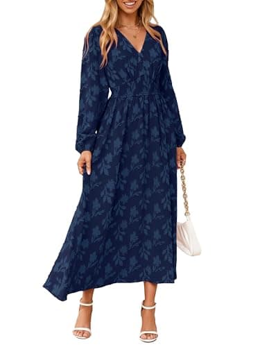 Best Blue Dresses for Women #1 from Simplee Simplee Womens Boho Floral Long Sleeve Maxi Dress Formal Wedding Guest Dresses Modest Church Dress Fall Outfits Navy Blue L