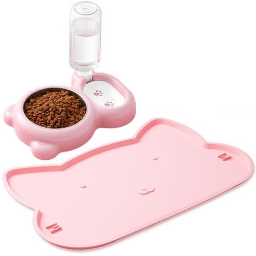 Best Cat Bowls #1 from Yiyiring Yiyiring Pink Cat Food and Water Bowl and Non-Slip Silicone Mat Set Stainless Steel Food Bowl with 18.6oz Large Capacity Water Dispenser for Cats and Small Dogs