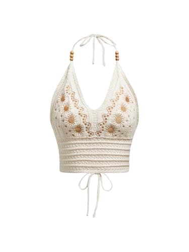 Best Knitted Crop Tops for Summer #9 from SHENHE SHENHE Women's Open Back Knitted Halter Crop Top Tie Backless Embroidered Hippie Top Apricot Medium