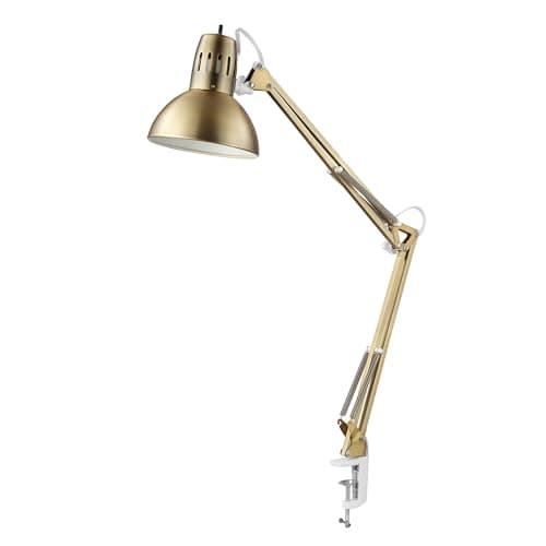 Best Desk Lamps with Clamp #10 from Globe Electric GLOBE Electric 62000010 32" Multi-Joint Desk Lamp with Metal Clamp, Matte Brass, White Accents, On/Off Rotary Switch on Shade, Partially Adjustable Swing Arm, Home Décor, Office Accessory
