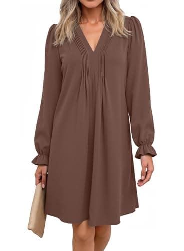 Best Dokotoo Dresses #3 from Dokotoo Dokotoo Dresses for Women 2025 V Neck Pleated Sun Dresses Long Puff Sleeve Flowy Brown Dress Plus Size Trendy Casual A-Line Midi Tshirt Dress Medium