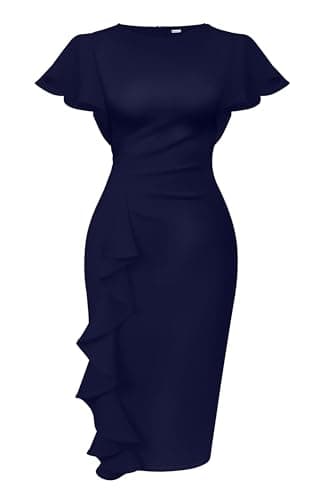 Best Blue Dresses for Women #3 from Memoriesea Memoriesea Women's Vintage Church Ruffle Sleeve Ruched Bodycon Work Midi Pencil Dress Navy Blue