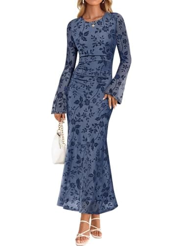 Best Blue Dresses for Women #10 from ZESICA ZESICA Women's Long Sleeve Floral Bodycon Dress 2026 Spring Fall Ruched Mesh Wedding Guest Cocktail Party Maxi Dresses, Dusty Blue, M