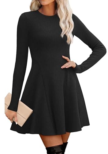 Best Black Dresses for Women #2 from OFEEFAN OFEEFAN Dresses for Women Black Long Sleeve Sweater Dress Ribbed Knit Flare A Line Tunic Dresses M
