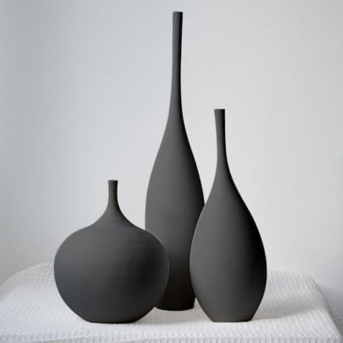 Best Black Ceramic Vases #8 from Relexome Relexome Black Ceramic Vase Modern Boho Wabi-Sabi Flower Vase Set of 3 Decorative Aesthetic Vases for Centerpieces Matte Minimalist Vases for Living Room Table Shelf Home Decor Gift