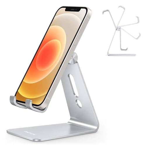 Best Phone Stands #4 from OMOTON Adjustable Cell Phone Stand, OMOTON Aluminum Desktop Cellphone Stand with Anti-Slip Base and Convenient Charging Port, Fits All Smart Phones, Silver