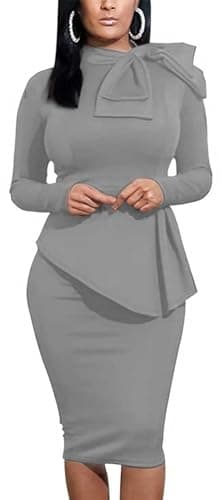 Best Peplum Dresses for Women #4 from PerZeal PerZeal Women's Fashion Peplum Bodycon Long Sleeve Work Dresses Bow Club Ruffle Pencil Formal Cocktail Dress Grey Medium