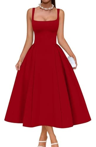 Best Red Dresses for Women #2 from Memoriesea Memoriesea Women's Elegant Square Neck Swing A Line Wedding Evening Party Midi Dress Red