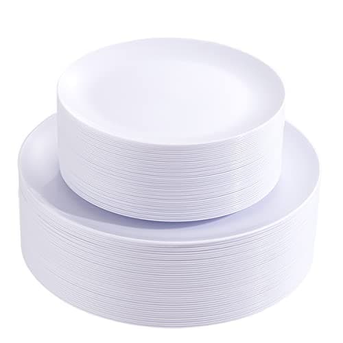 Best Plastic Plates #1 from PULOTE PULOTE 100PCS White Plastic Plates Disposable - Heavyweight 50 White Dinner & 50 Dessert/Salad Plates for Wedding, Party