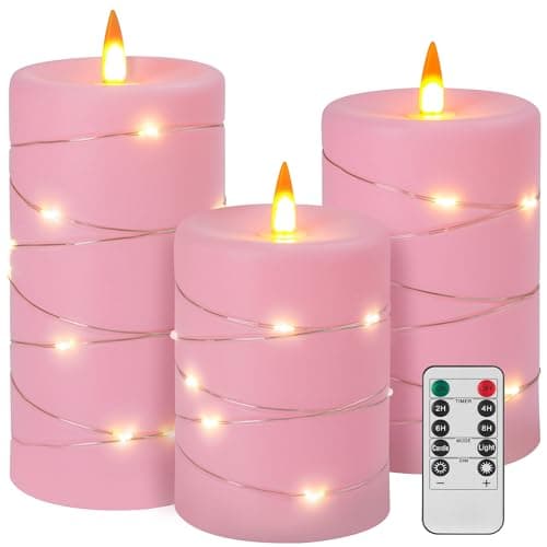 Best Pink Candles #9 from Fanzir Fanzir Rose Pink Flameless Candles with String Lights Battery Operated Flickering LED Pillar Candles 4‘’ 5‘’ 6‘’ Candle with Remote Control, Set of 3