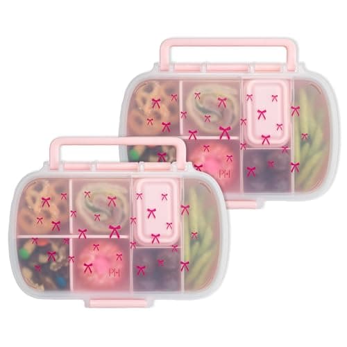 Best Snackle Boxes #8 from Paris Hilton Paris Hilton 2-Pack Bento Style Snack Boxes, 7-Compartment Lunch Containers with Built-In Phone Stand, Removable Dividers and Dip Containers, Pink Bow Print