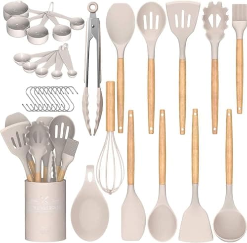Best Kitchen Essentials #9 from Umite Chef Umite Chef Kitchen Cooking Utensils Set, 33 pcs Non-Stick Silicone Cooking Kitchen Utensils Spatula Set with Holder, Wooden Handle Silicone Kitchen Gadgets Utensil Set (Khaki)
