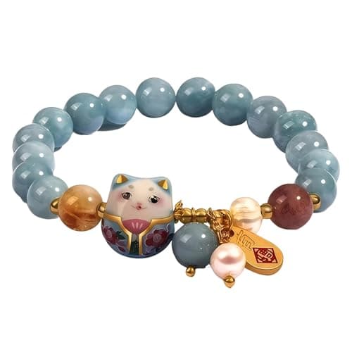 Best Charm Bracelets for Women #3 from XWLB XWLB Lucky Cat Bracelet with Blue Crystal, Ceramic Cat Pendant, Feng Shui Good Luck Jewelry for Women, Wealth & Protection Bracelet