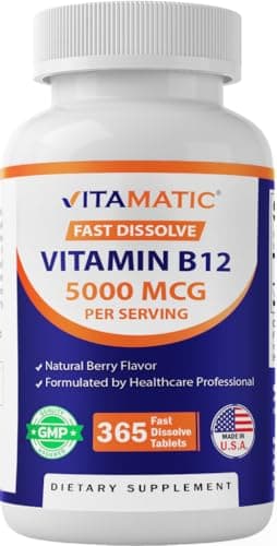 Best Vitamins B12 #7 from Vitamatic Vitamatic Vitamin B12 5000 mcg – 365 Fast Dissolve Tablets Berry Flavor – Supports Energy Production & Nervous System Health – Non-GMO, Gluten-Free