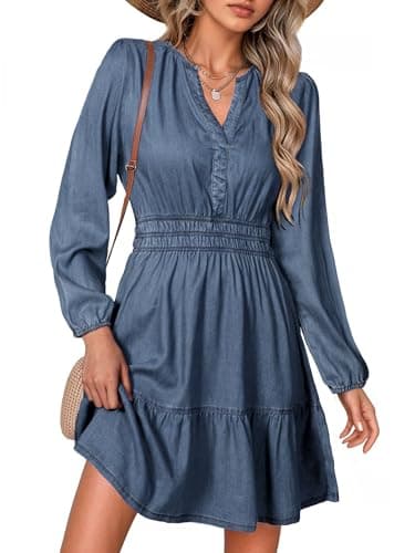 Best Denim Dresses #10 from Simplee Simplee Womens Fall Denim Dress - Casual Long Sleeve V Neck Empire Waist Ruffle A Line Flowy Short Jean Dresses with Pockets,Denim Deep Blue,M