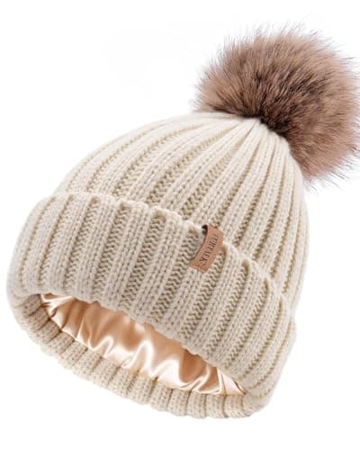 Best Beanies for Women #7 from FURTALK FURTALK Womens Winter Beanie Hat Satin Lined Faux Fur Pom Pom Beanies Hat for Women Winter Warm Knit Hats Beige