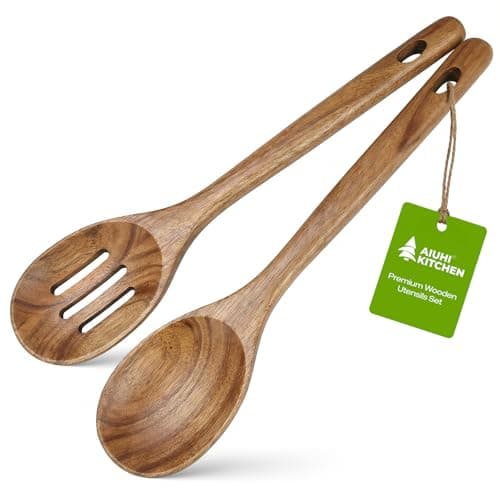 Best Wooden Spoons #2 from AIUHI AIUHI 2Pcs Wooden Cooking Spoons for Cooking, No Scratch Wooden Spoons Set of Slotted Spoon & Serving Spoon, Natural Teak Wood Utensils Set for Cooking, Serving & Mixing