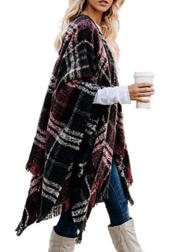 Best Cardigan for Women #5 from Bestshe Bestshe Women's Boho Open Front Poncho Knitted Plaid Shawl Wrap Cape Tassel Cardigan Sweater