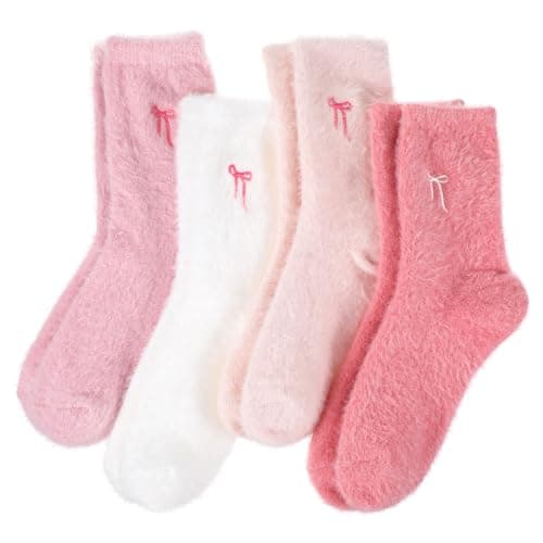 Best Pink Fuzzy Socks #3 from Abeillo Abeillo 4 Pairs Fuzzy Socks for Women Cozy Fluffy Slipper Socks Soft Thick Home Sleeping Sock Coquette Warm Winter Clothing
