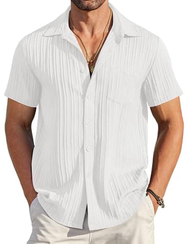 Best Breathable Linen Shirts for Summer #1 from COOFANDY COOFANDY Men's Casual Button Down Shirts Short Sleeve Textured Linen Summer Beach Shirt with Pocket A-White