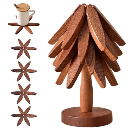 Best Kitchen Trivets #3 from OFCTE Wooden Trivets for Hot Dishes, Tree Shape Trivet Set, 4 Walnut Wood + 1 Stand stored Like a Christmas Tree,Foldable Kitchen Wooden Trivet,for Hot Dishes、Pot、Bowl、Teapot、Hot Pot Holder(Walnut Wood)