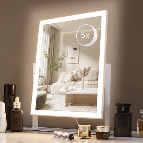 Best Makeup Mirrors #7 from HIEEY HIEEY Lighted Makeup Mirror, Hollywood Vanity Mirror with Lights, Three Color Lighting Modes, and 5X Magnification Mirror, Smart Touch Control, 360°Rotation (17.3in,White,Gift Box)