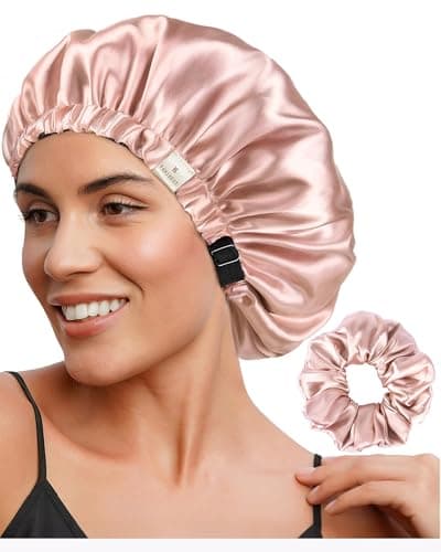 Best Silk Bonnet for Sleeping #5 from YANIBEST YANIBEST Adjustable Satin Bonnet Double Layer Hair Bonnet for Sleeping Bonnets for Women Hats Curly Natural Hair, Blush Pink