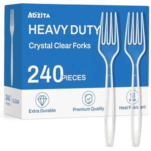 Best Plastic Forks #9 from AOZITA 240 Count Extra Heavy Duty Clear Plastic Forks, Solid and Durable Premium Disposable Forks - BPA-Free & Heat Resistant Plastic Cutlery Utensils for Parties, Events and Everyday Use