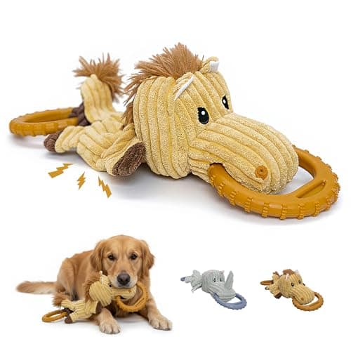 Best Dog Squeak Toys #8 from LuciPaw LuciPaw Corduroy Dog Chew Toy with Squeaker and Interactive Rubber Ring for Small Medium Large Breeds - Ideal for Tug of War and Fetch Play (Medium, Pony)