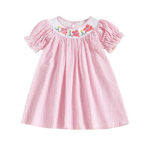 Best Easter Clothes for Kids #5 from YolanerBaby YolanerBaby Toddler Little Baby Girl Easter Bunny Dress Puff Short Sleeve Stripes Smocked Dresses Easter Outfit for Kids (Pink Bunny Floral, 18-24 Months)