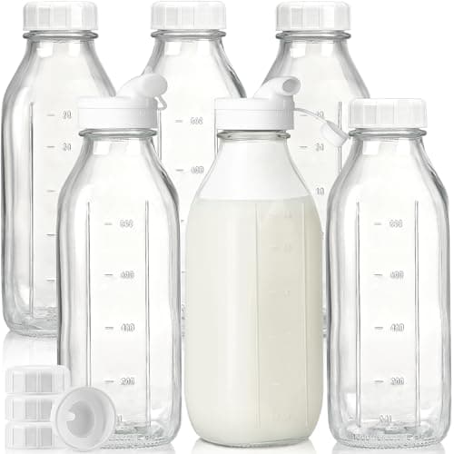 Best Glass Milk Bottles #3 from Syntic Liter Glass Milk Bottles w 100% Airtight Heavy Duty Screw Lid & 2 Dispenser- 6 Pack 32 Oz Drinking Jars - Food Grade Glass Bottles for Milk, Honey, Jam - Dishwasher Safe(Extra 2 Lids and Stickers)