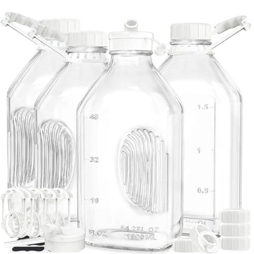 Best Glass Milk Bottles #1 from Syntic Syntic 4 Pack 2 Qt Glass Milk Bottles with Handle and Airtight Reusable Screw Lids, 1/2 Gal Glass Water & Juice Bottles with 2 Pour Spouts, 64 Oz Milk Jug Pitcher w Scale