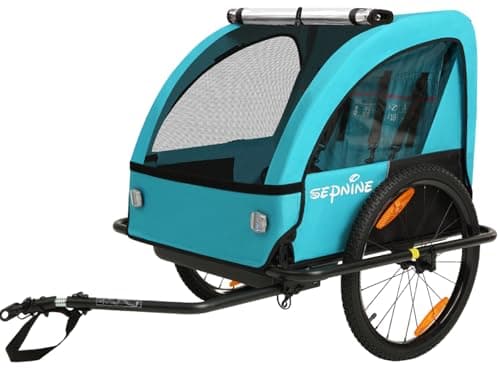 Best Bike Trailers for Kids #7 from Sepnine Sepnine Kids Bike Trailer, Suitable for 1 to 2 Children, Double Seat, Universal Coupler, Foldable, Canopy with Bug Screen and Weather Shield, with 5-Point Harness and Storage Bags