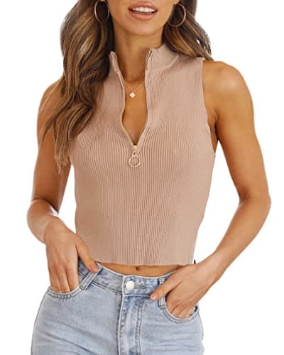 Best Knitted Crop Tops for Summer #10 from Imily Bela Imily Bela Womens Summer Zipper Knit Crop Tops Going Out Sweater Tank Fashion Sexy Y2k Sleeveless Shirts Khaki