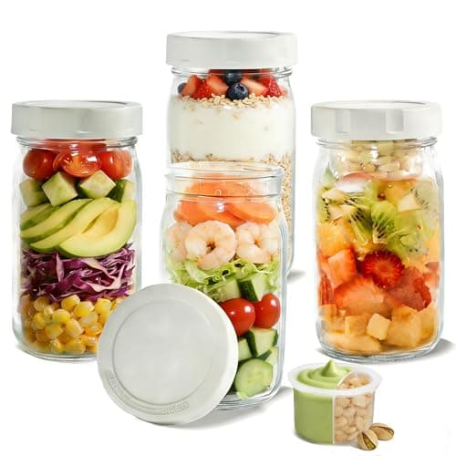 Best Salad Containers #8 from CHLJAR CHLJAR 24oz Glass Salad Jars with Dressing Cup, 4pcs Leakproof Container with Lid Meal Prep, Mason Jars with Wet/Dry Separation for Salad Dressing and Dry Ingredients