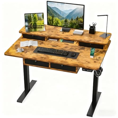 Best Standing Desks #7 from AdGiGi AdGiGi Standing Desk with Fast Charging USB Ports, 48" x 30" Width Worktop Desk, 4 Drawers Ergonomic Sit Stand Desk for Home Office Work, Cable Management, 3 Preset Heights & 2 Hooks(Rustic Brown)